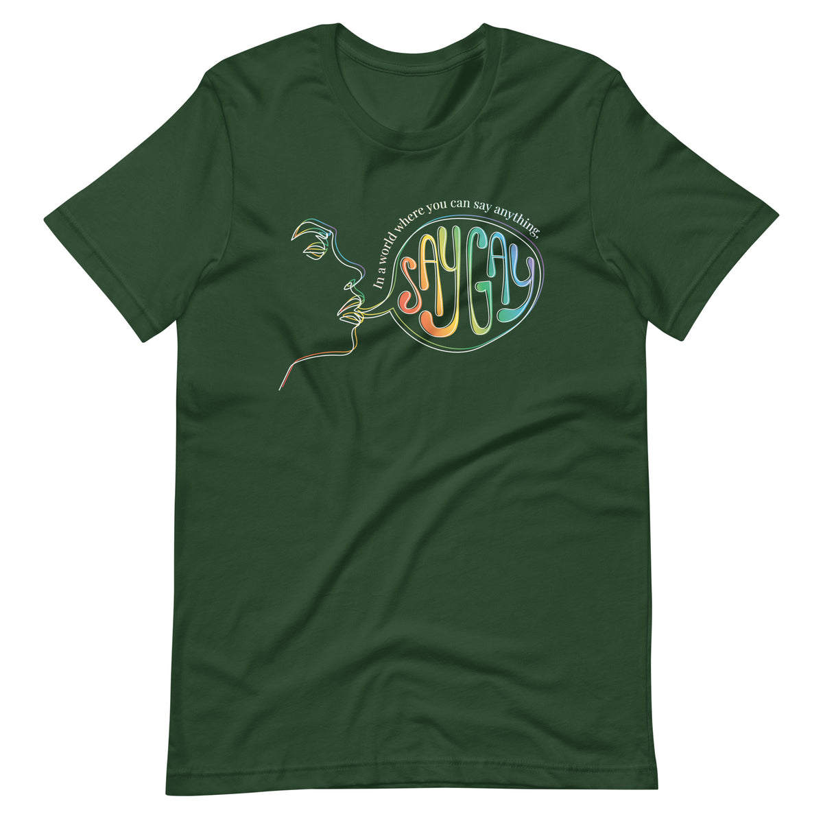 Say Gay Tee in forest, front view