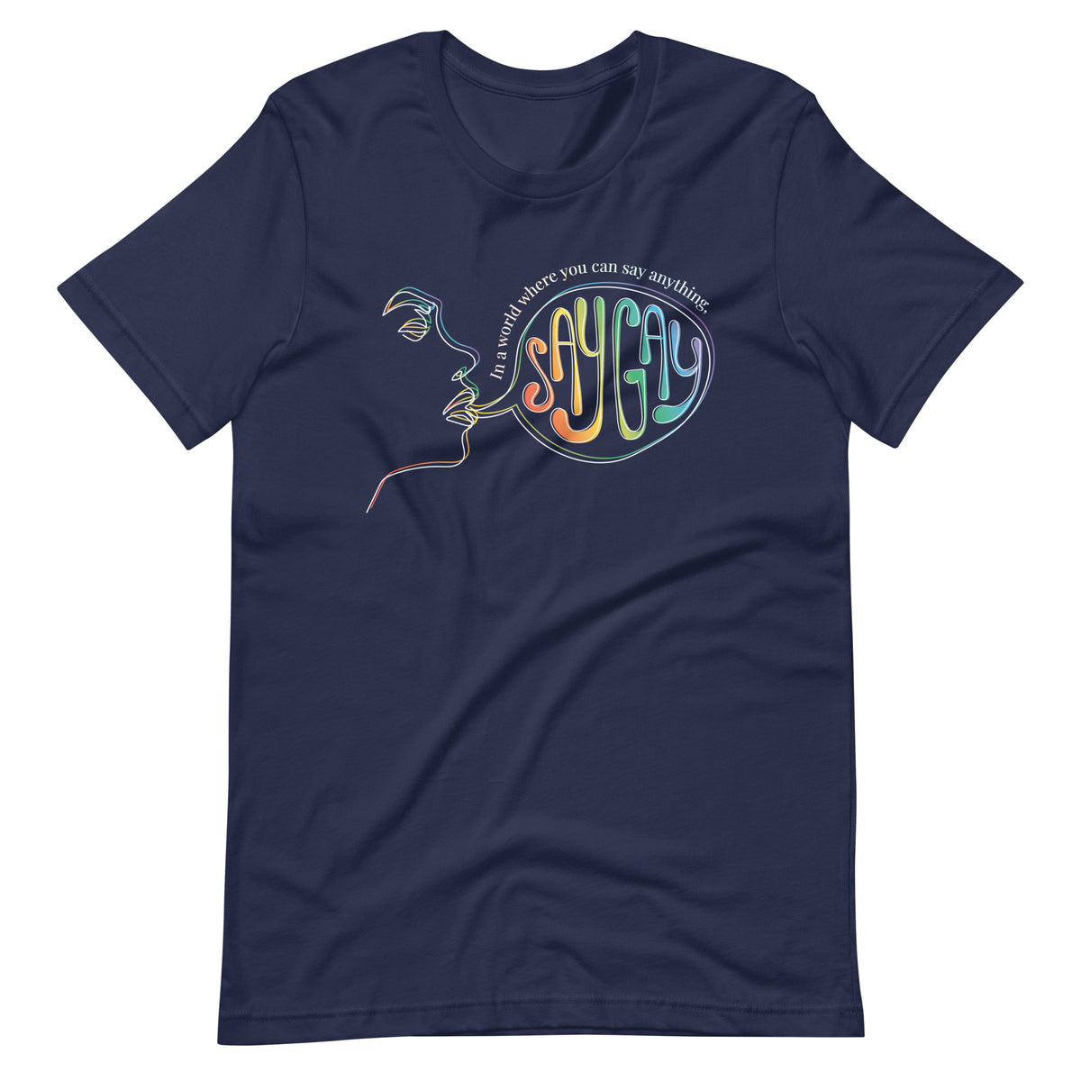 Say Gay Tee in navy, front view