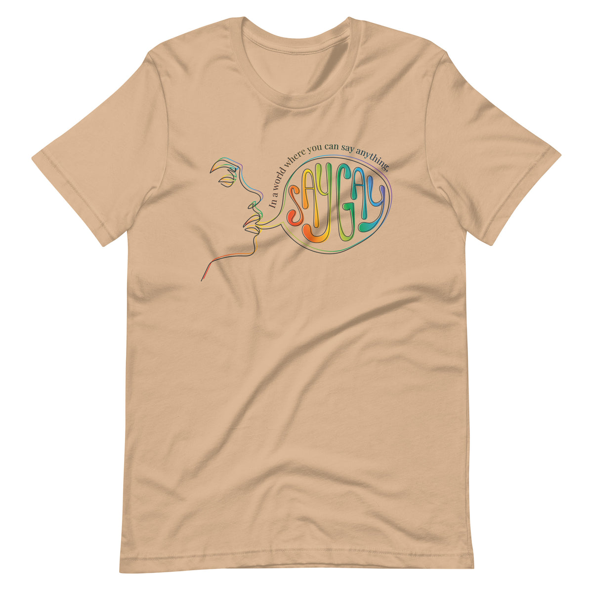 Say Gay Tee in tan, front view